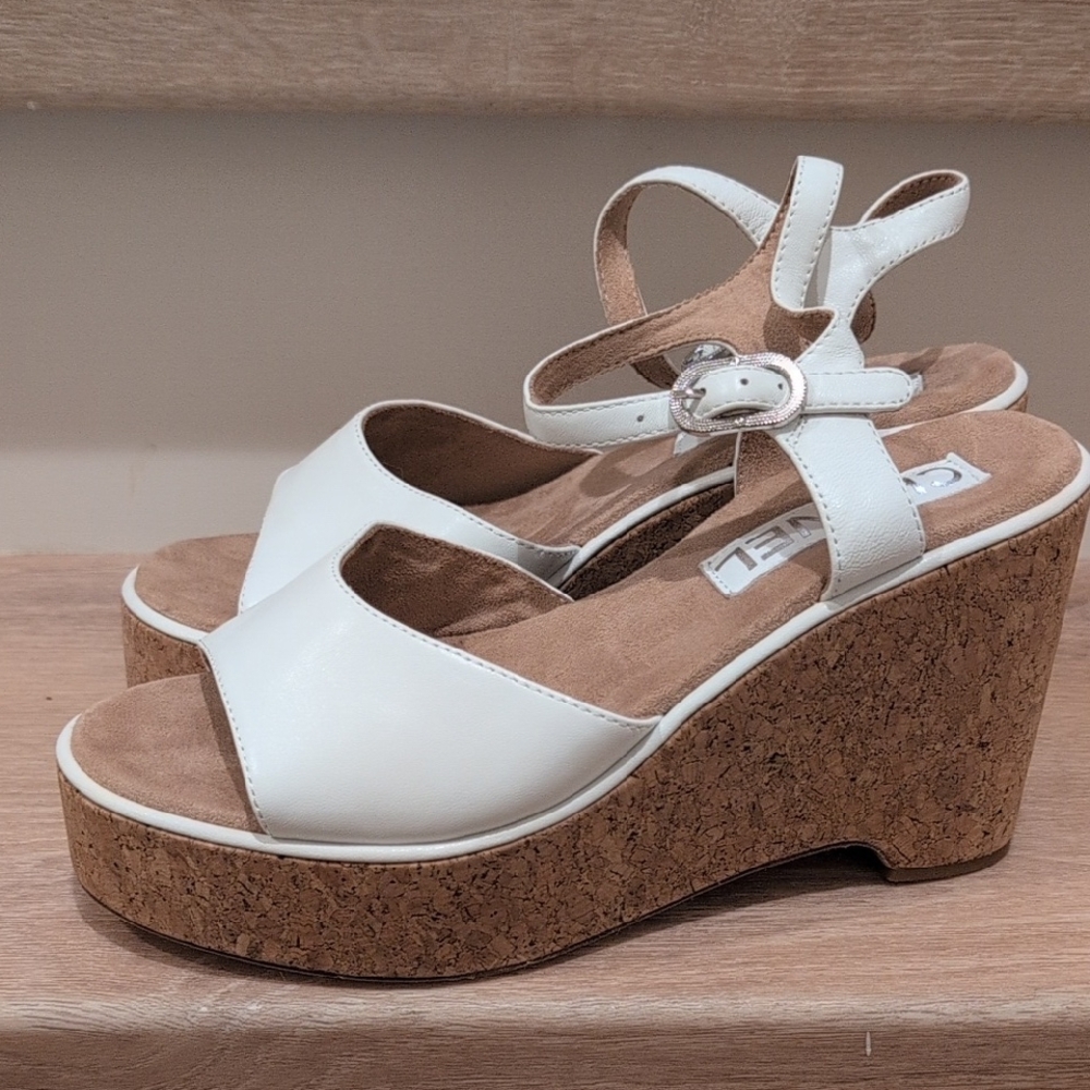 Chic White Leather CC Cork Wedge Sandals